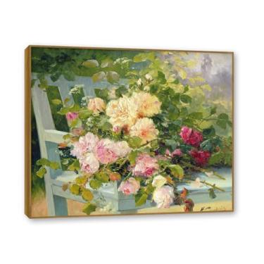 Imagem de NHLDZYH Moldura de madeira de teca. Flores clássicas natureza morta pintura em tela retro buquê de flores pinturas estilo country decoração de parede para cozinha e sala de estar. A11. 80 x 96 cm
