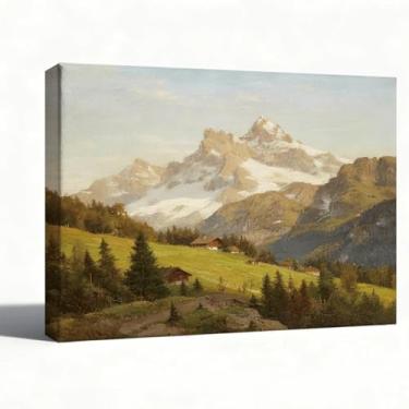 Imagem de Arte de parede em tela de paisagem de montanha, pico alpino e prado, impressão de pintura a óleo clássica, decoração de parede de cabana para sala de estar quarto escritório, presente de arte de