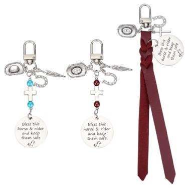 Imagem de DELORIGIN 3 estilos de pingente de sela e freio com pingente de cavalo tema de cavalo estilo tibetano pingentes de liga Bless This Horse Rider Keep Safe Horse Stuff, presentes de cavalo para mulheres