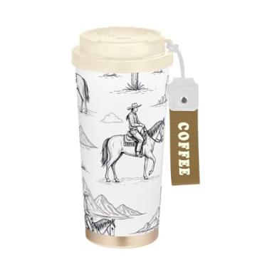 Imagem de TSENQUE Copo de café de viagem 473 ml com tampa de canudo e filp, copo de parede dupla isolado a vácuo com revestimento cerâmico, cacto cowboys cavalos preto e branco