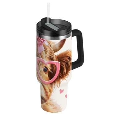 Imagem de Joisal Copo com alça de aço inoxidável de 850 g com tampa e canudos Modernas garrafas de água isoladas para copos rosa de vaca Highland quente e frio