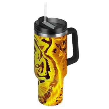 Imagem de Joisal Copos com tampas e tigre de palha amarelo laranja foto copo de 850 g com alça à prova de vazamento bonito garrafa de água isolada aço inoxidável caneca de café quente para carros