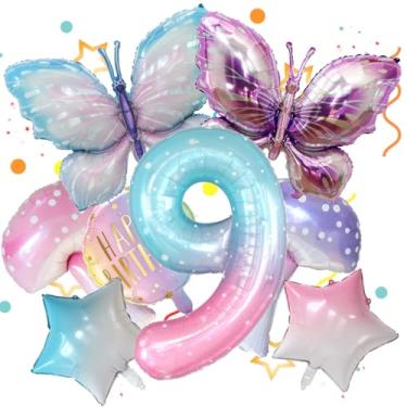 Imagem de 8 balões de borboleta, cogumelo, estrela, feliz aniversário redondo e balão colorido número 9 de 101 cm para decoração de festa de 9º aniversário de meninas Fariy. (9º)