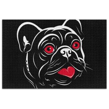 Imagem de Quebra-cabeça de coração de buldogue preto 1000 peças para adultos, quebra-cabeça de desenho animado, natureza, presentes para jogo de elefante branco