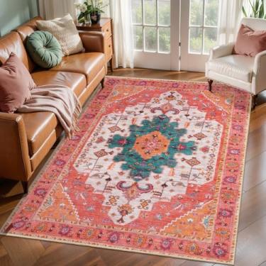 Imagem de Ciicool Boho Tapete de área lavável de 0,9 x 1,5 m Tapete de quarto antiderrapante para entrada oriental Tapete de piso interno de pelo baixo para sala de estar, lavanderia, decoração de hall de