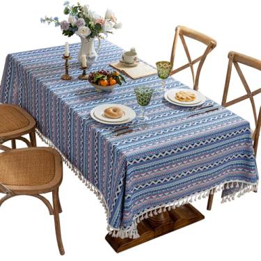 Imagem de Qubjus Toalha de mesa retangular estampada com borlas, toalha de mesa de tecido de linho de algodão sintético, capa de mesa estilo fazenda rústica para sala de jantar, cozinha (152 x 192 cm, azul1)