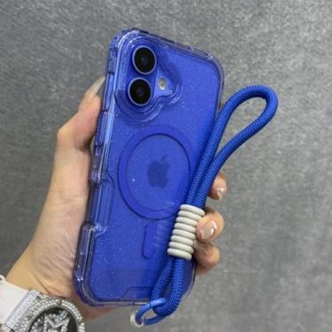 Imagem de Capa magnética transparente com glitter para iPhone 16, 15, 14 Plus, 13, 16 Pro Max, alça de pulso, cordão, capa protetora à prova de choque, azul, para iPhone 13 Pro Max