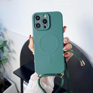 Imagem de Capa de celular macia com alça de cordão para iPhone 16, 15, 11, 12, 13, 14 Pro Max, 8, 7 Plus, XS, XR, capa magnética para carregamento sem fio, verde escuro, para iPhone 13 Pro