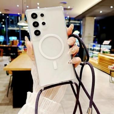 Imagem de Capa de acrílico à prova de choque para Samsung Galaxy S25 Ultra, S23, S24 Plus, S25 Plus, tira transversal, magnética, sem fio, transparente, roxa, para S23 Ultra