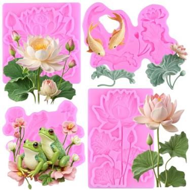 Imagem de MIYAHOUSE Moldes de fondant de lótus moldes de silicone para decoração de bolos, topo de cupcake, pasta de goma de chocolate, argila de polímero, conjunto de 4