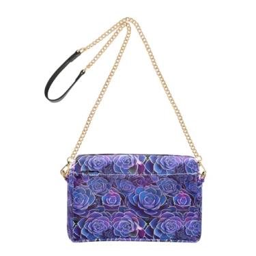 Imagem de Joitme Bolsa feminina floral roxa azul suculenta bolsa transversal para celular bolsa de ombro de couro PU com alça de corrente