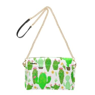 Imagem de Joitme Bolsa tiracolo feminina verde cacto suculenta flor rosa bolsa de ombro de couro PU alça de corrente bolsa de telefone fofa