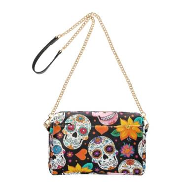 Imagem de Joitme Bolsa feminina tiracolo colorida caveira de açúcar floral preta bolsa de couro PU bolsa de ombro com alça de corrente