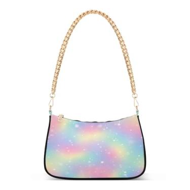 Imagem de Bolsa de ombro de corrente brilhante gradientes arco-íris pastel, bolsa feminina Hobo média bolsa clutch para uso diário e festa