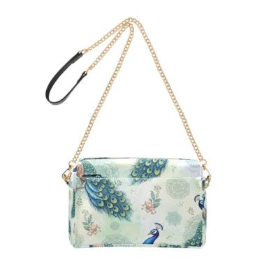 Imagem de Joitme Bolsas transversais para mulheres, bolsa de telefone com alça de corrente estética verde pavões fofos, bolsa de ombro de couro sintético