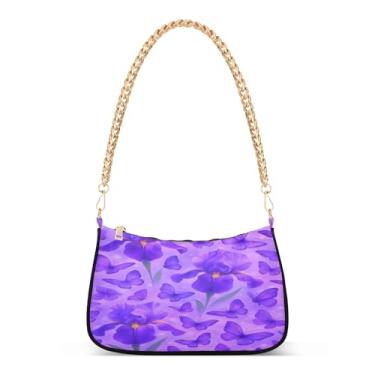 Imagem de Bolsa de ombro com corrente de borboletas roxas com flores de íris roxas, bolsa feminina Hobo Tote Clutch para uso diário e noite