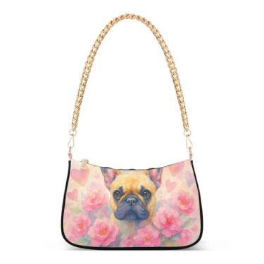 Imagem de Bolsa de ombro com corrente de flor rosa buldogue francês, linda bolsa de mão média para mulheres, bolsa Hobo moderna e clutch para uso diário ou festa