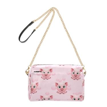 Imagem de Bolsa feminina transversal bolsa para celular bolsa de ombro de couro PU com alça de corrente fofo desenho de porcos rosa bolhas