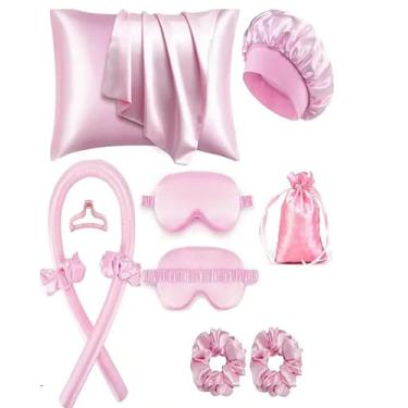 Imagem de Conjunto de 5 ferramentas de penteado, incluindo 1 fronha, 1 touca de banho, 1 máscara para os olhos, 1 modelador de cachos, 1 grampo de cabelo, 4 laços de cabelo, 1 bolsa