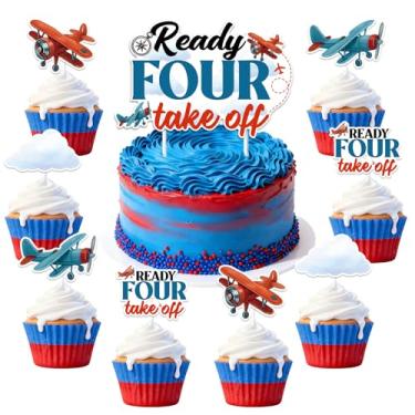 Imagem de 25Pcs Ready Four Take off Cake Cupcake Toppers, Airplane 4th Birthday Party Decorations Red Blue Aviation Themed Plane Cake Decor for Boys Time Flies Theme 4th Birthday Party Supplies