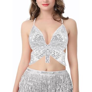 Imagem de Regata feminina sexy com glitter e borboleta, corte baixo, colete tubular para dança do ventre