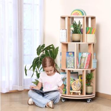 Imagem de Bolocon Estante giratória infantil de 3 níveis com rodas bloqueáveis, suporte de armazenamento Montessori com tela 360 para espaços pequenos, quartos infantis e escritórios domésticos