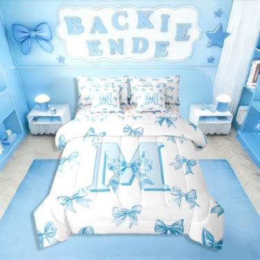 Imagem de Erosebridal Jogo de cama Queen com laço azul claro, princesa, 7 peças, com letra M, fofo, kawaii, para decoração de quarto de crianças, adolescentes e mulheres