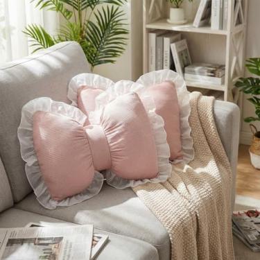 Imagem de Fiwochic 2 peças de almofada de laço rosa 40,6 x 33 centímetros almofadas decorativas com acabamento lateral de renda almofada de encosto lombar macio para cama, sofá, sala de estar, quarto, decoração