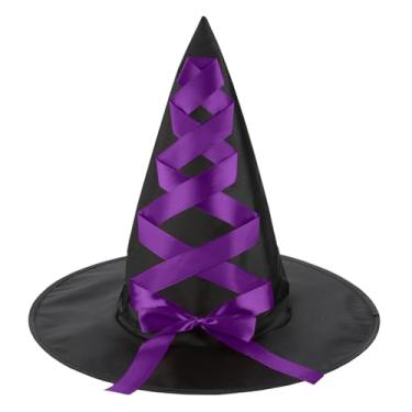 Imagem de LANGFON Boné pontiagudo de bruxo de Halloween para festa de Halloween, baile de máscaras, cosplay, atividades ao ar livre, acessórios para decoração de Jack-O-Lantern, Estilo roxo 5, 15" Diameter