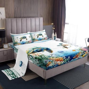 Imagem de Erosebridal Jogo de lençol engraçado de tartarugas marinhas para crianças, tartaruga, água-viva, litoral, lençol de cima, lençol de cima, lençol de cima com algas marinhas, decoração de praia tropical