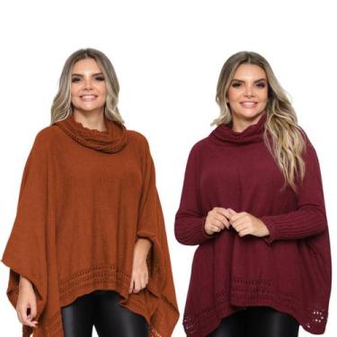 Imagem de Kit 2 Poncho Feminino Tricot Liso Gola Alta Casaco Lã Inverno - GIP, T