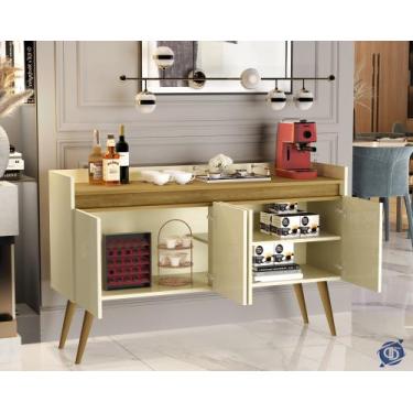 Imagem de Aparador Sala Retrô Pés Palito Em Madeira Maciça - Luxo 4 Portas - Off