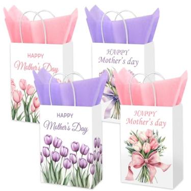 Imagem de AnyDesign 16 sacos de papel para o Dia das Mães com 20 folhas rosa roxo sacos de papel de seda com alças tulipa floral para doces e lembrancinhas de festa de aniversário da mamãe suprimentos