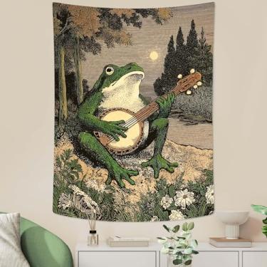 Imagem de YEXIT Tapeçaria de sapo vintage, meme engraçado tocando banjo tapeçarias estéticas decoração para quarto sala de estar dormitório, 91 x 122 cm