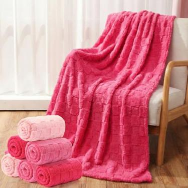Imagem de Buryeah Pacote com 6 cobertores de lã a granel, 127 x 152 cm, cobertores de flanela xadrez 3D macios para sofá, cama, festa do pijama quente para presentes de sem-teto (série rosa choque)