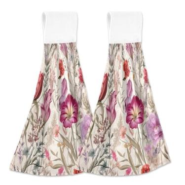 Imagem de xigua Conjunto de 2 toalhas de cozinha coloridas de flores silvestres, toalhas de cozinha macias e absorventes rápidas com laço para pendurar e adesivos mágicos, toalhas de mão de pano para pendurar