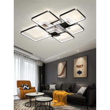 Imagem de Luminária de teto LED moderna e criativa com moldura quadrada, dimerizável e com controle remoto, ideal para sala de estar, cozinha, escritório, quarto e sala de jantar (preta, 5 lâmpadas).