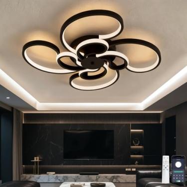 Imagem de Lustre de LED com intensidade regulável, controle remoto, função de memória via aplicativo, design moderno e curvo, timer e 3 temperaturas de cor para quarto, preto.