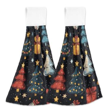 Imagem de Blueangle 2 peças de toalhas de gravata penduradas com árvores de Natal de desenho animado toalha de mão toalha de mão absorvente de veludo coral macio pano para cozinha e banheiro (728)