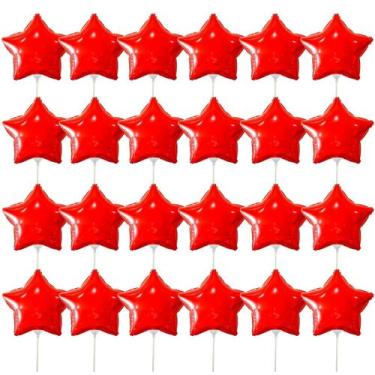 Imagem de Kit 24 Balões Metalizado Estrela Vermelho 20cm C Canudo 15cm - Gala, V