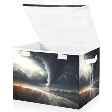 Imagem de Blueangle Cestos de armazenamento pretos de tornado com tampas, 42 x 32 x 30 cm, grande cesta organizadora dobrável para decoração de escritório e armário (545)