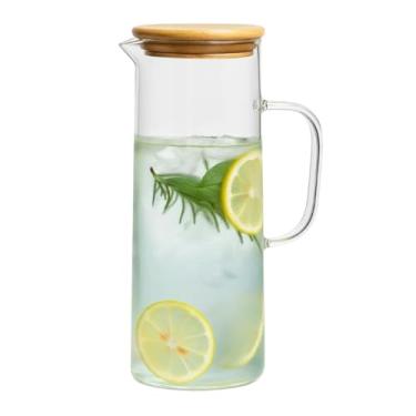 Imagem de Jarra de Vidro Borossilicato 1200ml com Tampa de Bambu Vedada para Água, Suco, Chá Gelado, Bebidas Quentes e Frias – Design Minimalista e Resistente