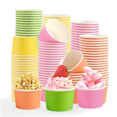 Imagem de Greencian 120 peças de copos de sorvete coloridos tropicais 340 g descartáveis papel colorido sobremesa lanche tigelas neon festa comida iogurte recipientes para comida sopa doces aniversário