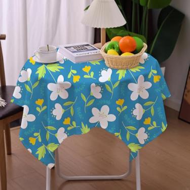 Imagem de Amonsa Toalha de mesa quadrada pequena azul claro primavera ao ar livre 91 cm flores brancas toalha de mesa para 2-4 lugares restaurante capa de mesa de café lavável tecido verde sálvia folhas