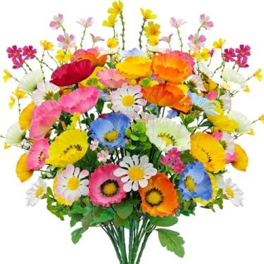 Imagem de BRIGEA 8 pacotes de flores de papoula artificiais coloridas de seda sintética margarida silvestre para casa, cozinha, mesa, vaso de mesa de festa de casamento, decoração ao ar livre