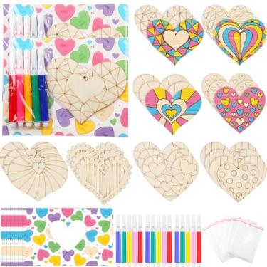 Imagem de Saypacck Pacote com 24 unidades, kit de artesanato de madeira com coração para dia dos namorados, cartões de caneta de aquarela, corda e bolsas, faça você mesmo, pintura de coração, lembrancinha de
