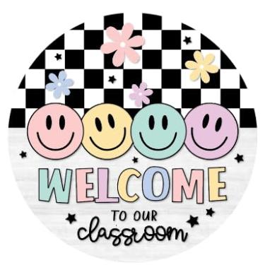 Imagem de FYSUIMU Letreiro de madeira pastel para pendurar na sala de aula, placa de madeira de boas-vindas, branco, preto, quadriculado, para decoração de porta de volta às aulas, decoração de parede