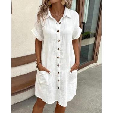 Imagem de Vestido Feminino Vintage Mini - Algodão e Linho - Decote V e Manga 3/4