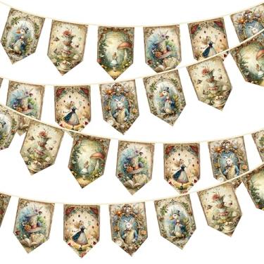Imagem de Decoração de festa de chá vintage do país das maravilhas de 4,8 m, tecido de lona de Alice retrô, bandeira rabo de peixe, bandeira, guirlanda, flâmulas, lareira para pendurar na parede para primavera