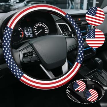 Imagem de Capa de volante com bandeira americana, capa de volante de neoprene antiderrapante, acessório de carro patriótico para homens, ajuste universal de 38 cm, SUVS, inclui 2 porta-copos de cerâmica